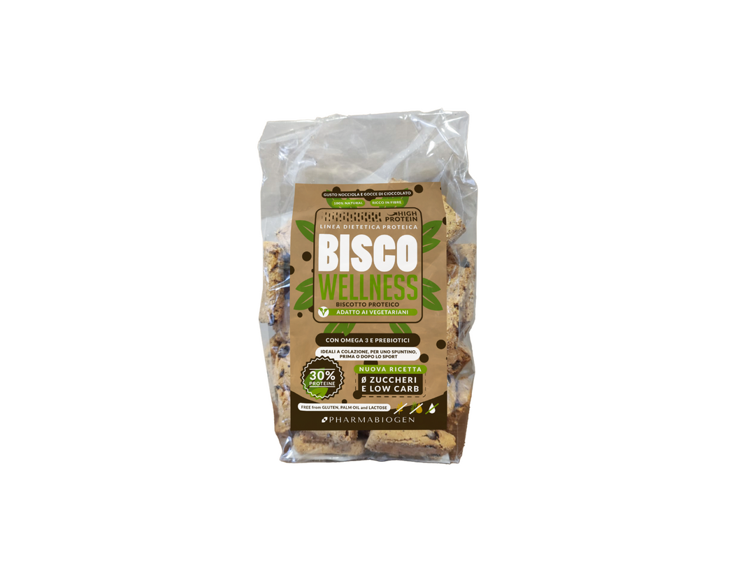 Pharmabiogen Bisco Wellness 200g Nocciola e Gocce di Cioccolato Biscotti Con Omega 3 e Prebiotici per Colazione e Snack