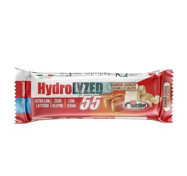 Pronutrition Hydrolyzed 55 55g Caramello Salato Bianco Crunchy Barretta Proteica Idrolizzata DH4 Snack Pre-Workout Post-Workout-NutriWorld.it