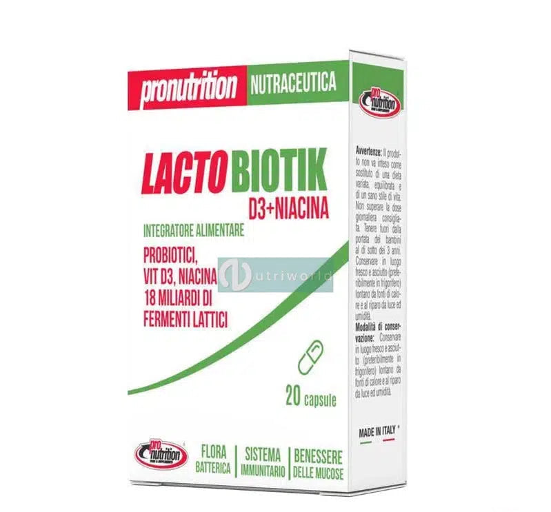 Pronutrition Lactobiotik Probiotico 20 Capsule da 18 miliardi 4 ceppi D3 e Niacina per Flora e Intestino-NutriWorld.it