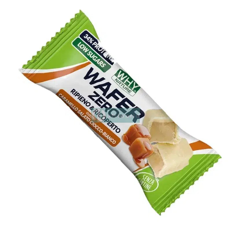 Why Nature Wafer Zero 35 g Caramello Salato Cioccolato Bianco Barretta Cialda Ripiena di Crema Proteica Zero-NutriWorld.it