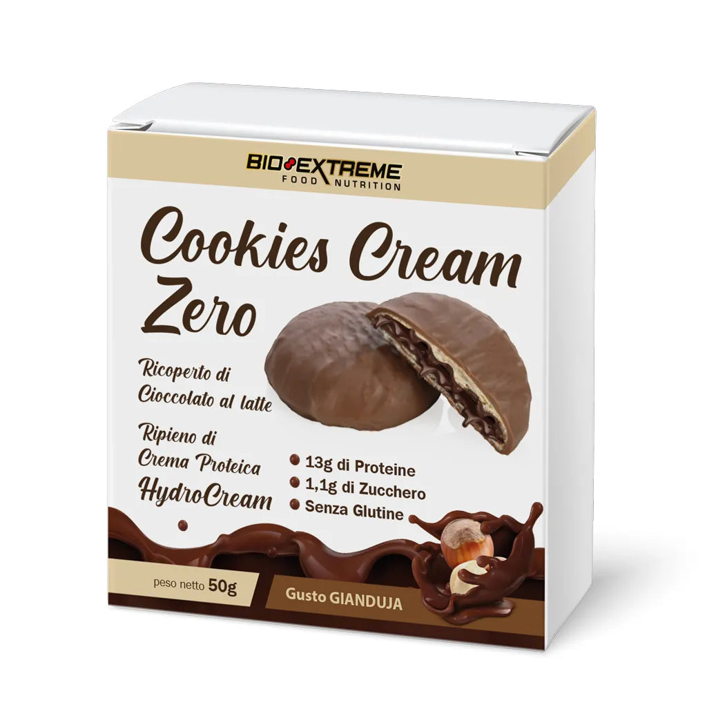 Bio Extreme Cookies Cream Zero 50g Cioccolato Gianduia Biscotti Proteici Ripieni di Crema con Ridotti Zuccheri Senza Glutine per Snack - NutriWorld.it