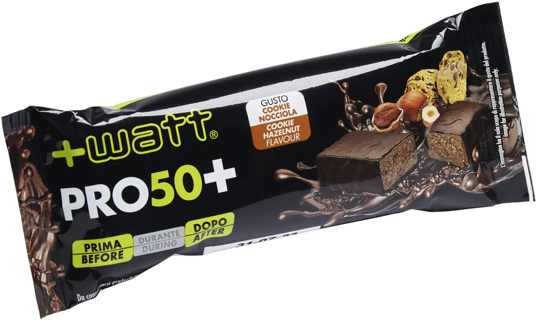 +Watt Pro50+ 50g Cookie Nocciola Barretta Proteica Ricoperta per Snack e Massa