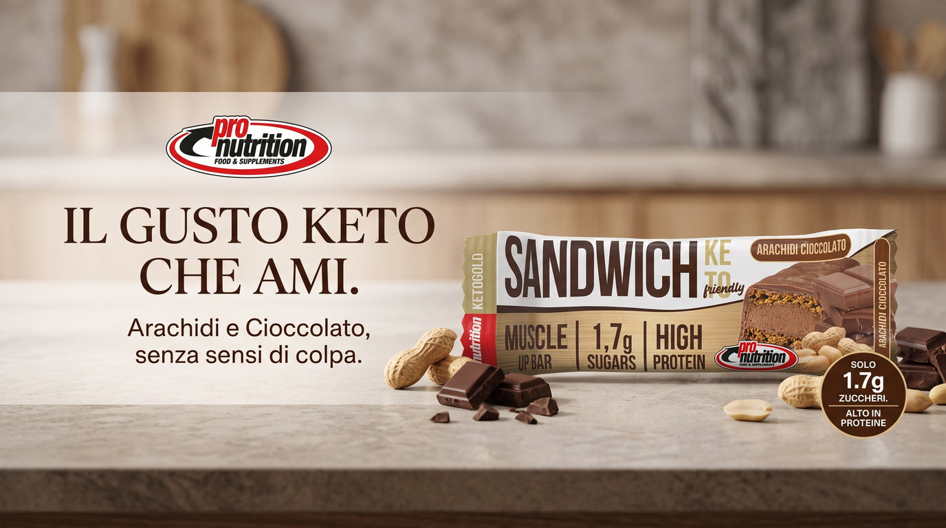 Pronutrition Sandwich Keto 57g Arachidi Cioccolato Biscotto Ripieno Keto per Colazione o Snack - banner