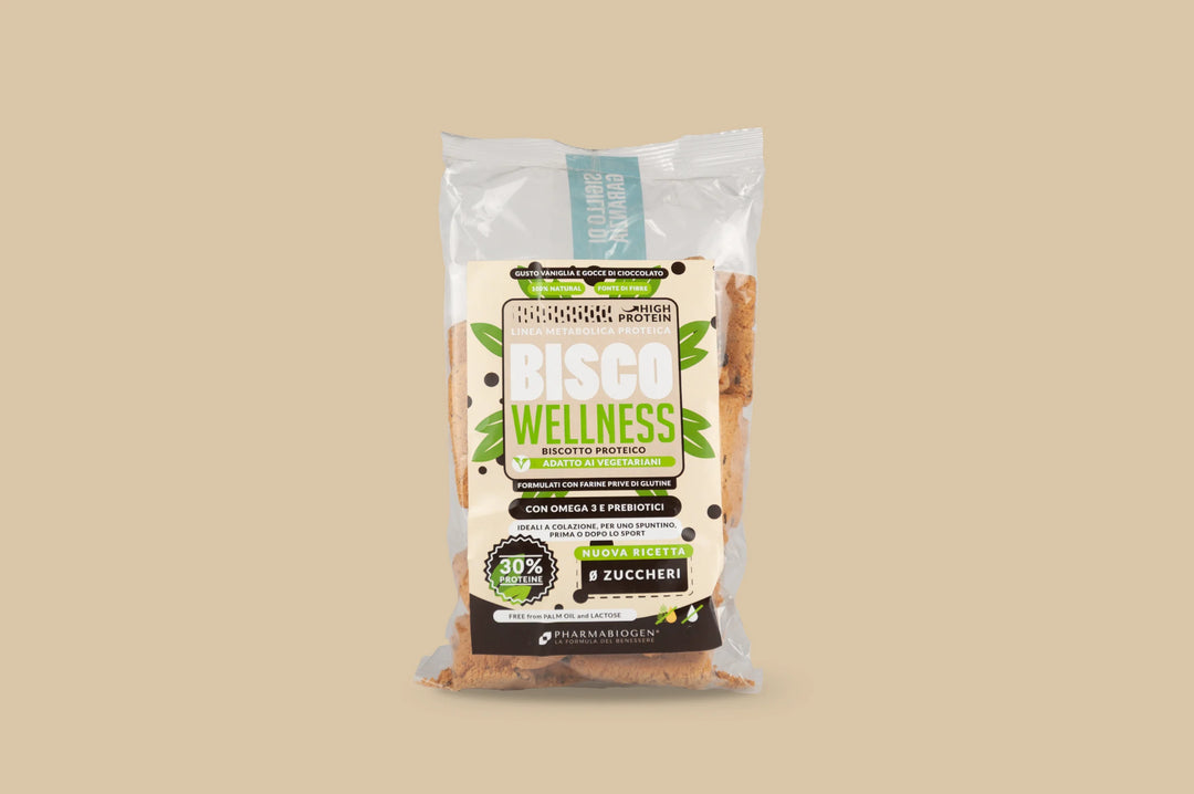 Pharmabiogen Bisco Wellness 200g Vaniglia con Gocce di Cioccolato Biscotti Proteici Con Omega 3 e Prebiotici per Colazione