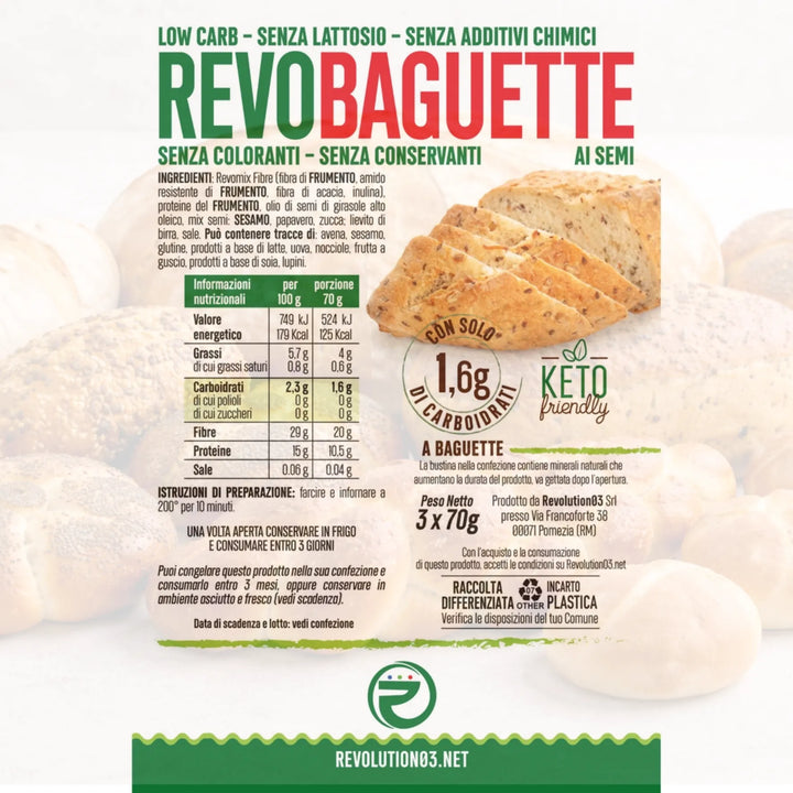 Revolution03 Revo Baguette 3x70g Pane Low carb Keto per Pranzo, Spuntino o Cena