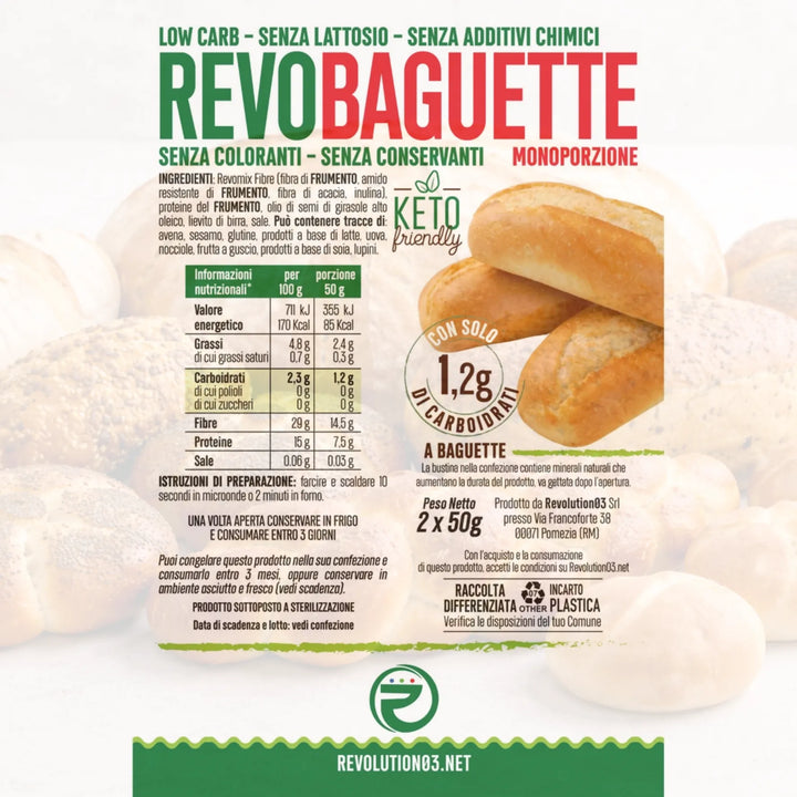 Revolution03 Revo Baguette 2x50g Pane Low carb Keto per Pranzo, Spuntino o Cena