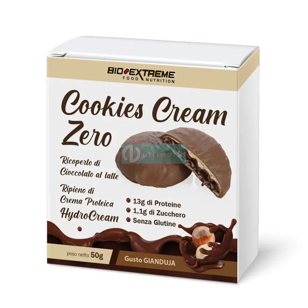 Bio Extreme Cookies Cream Zero 50g Cioccolato Gianduia Biscotti Proteici Ripieni di Crema con Ridotti Zuccheri Senza Glutine per Snack-NutriWorld.it