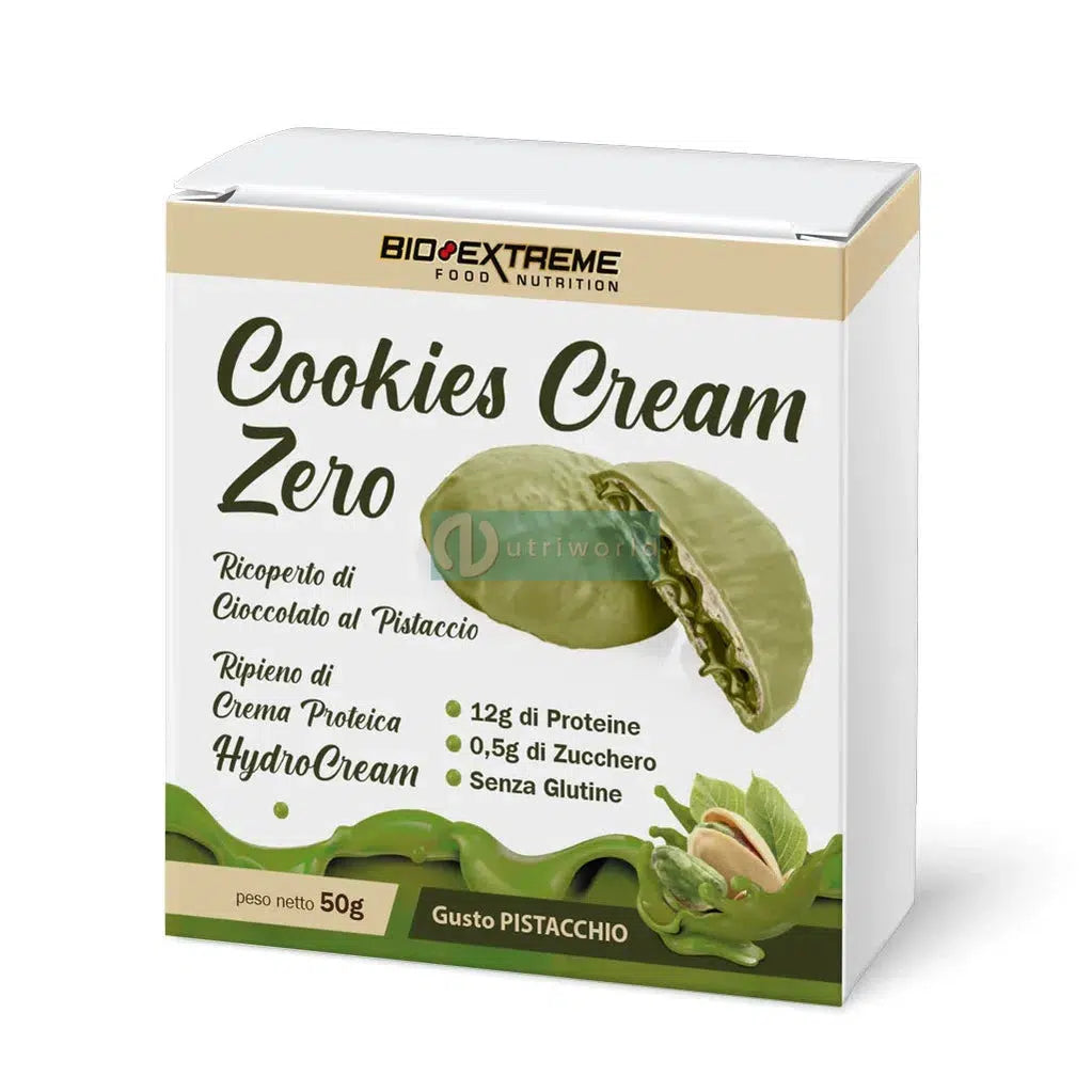 Bio Extreme Cookies Cream Zero 50g Pistacchio Biscotti Proteici Ripieni di Crema con Ridotti Zuccheri Senza Glutine per Snack-NutriWorld.it