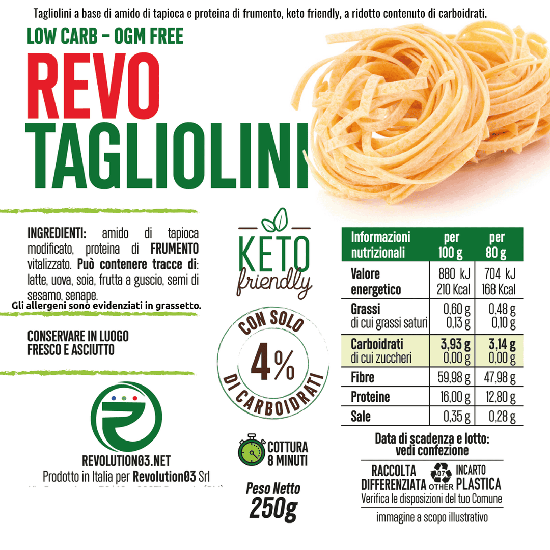 Revolution03 Revo Tagliolini 250g Pasta Low carb Keto per Pranzo o Cena