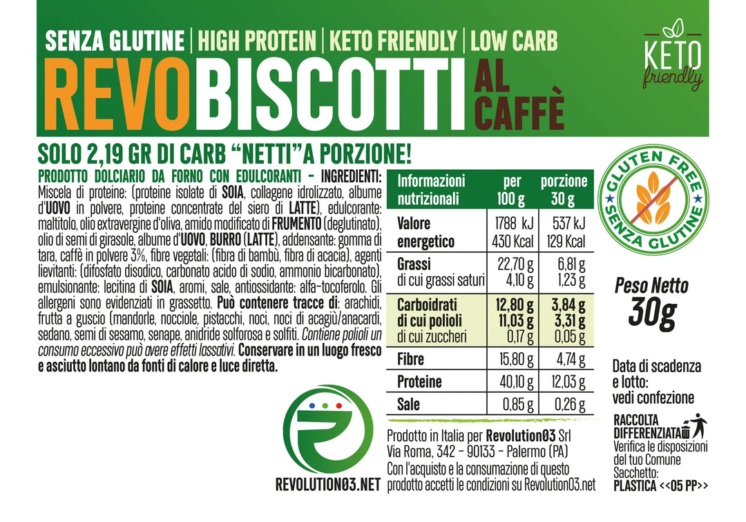 Revolution03 Revo Biscotti al Caffè 30g Snack Low Carb Keto per Colazione o Spuntino