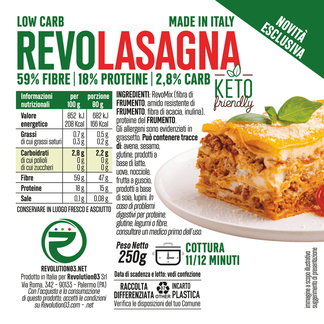 Revolution03 Revo Lasagna 250g Pasta Low Carb Keto Proteica per Pranzo o Cena