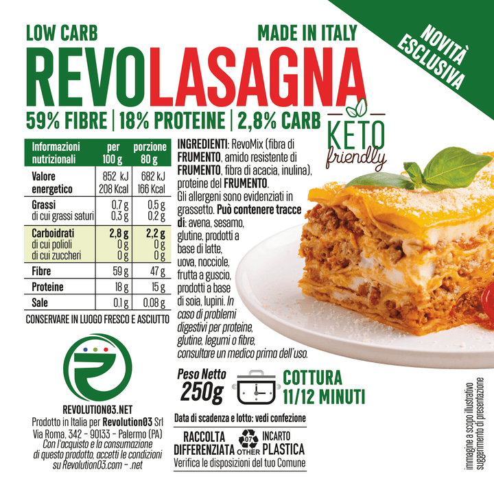 Revolution03 Revo Lasagna 250g Pasta Low Carb Keto Proteica per Pranzo o Cena