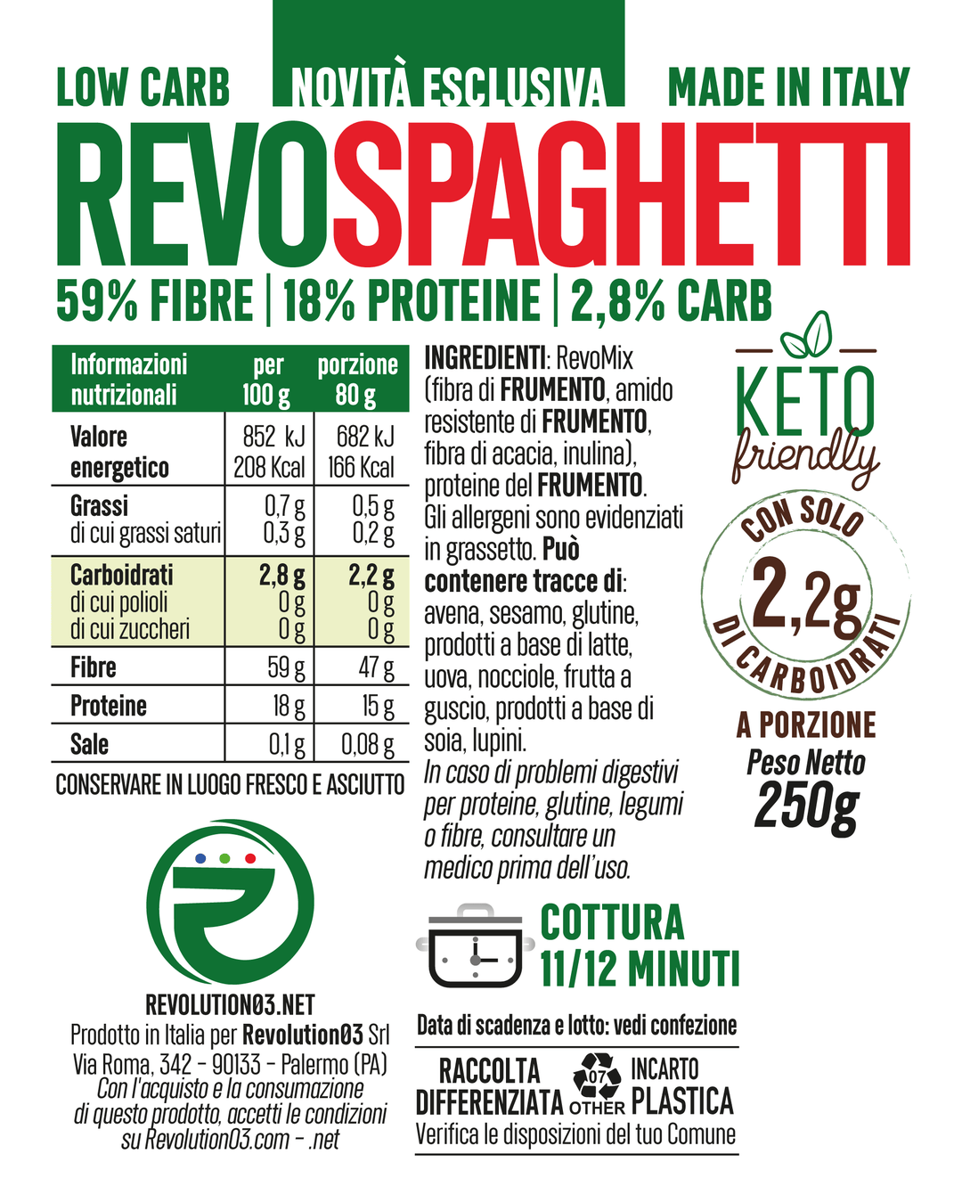 Revolution03 RevoSpaghetti 250g Pasta Low carb Keto per Pranzo o Cena