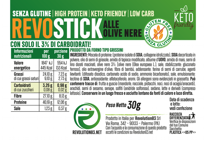 Revolution03 Revo Stick alle Olive Nere 30g Snack Low Carb Keto per Spuntino