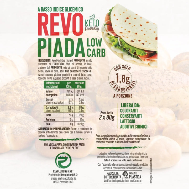 Revolution03 RevoPiada Keto 2x80g Piadina Low Carb Keto per Pranzi, Spuntini o Cene