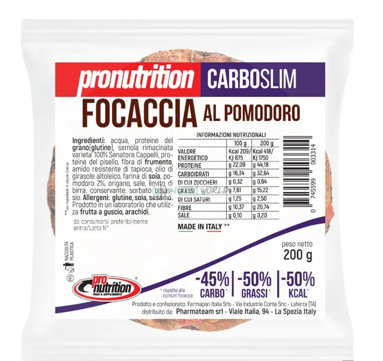 Pronutrition Focaccia Low Carb 200 g Pomodoro Senatore Cappelli per Pranzo Cena e Snack Pronutrition