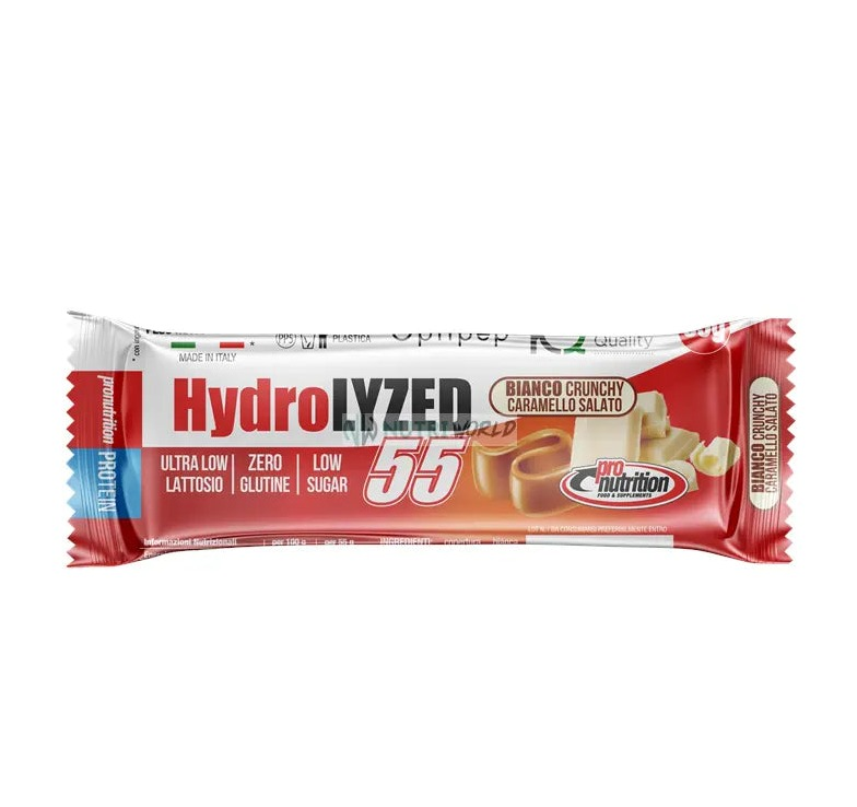 Pronutrition Hydrolyzed 55 55g Caramello Salato Bianco Crunchy Barretta Proteica Idrolizzata DH4 Snack Pre-Workout Post-Workout