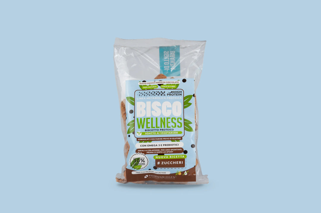 Pharmabiogen Bisco Wellness 200g Cocco e Gocce di Cioccolato Biscotti Proteici con Omega 3 e Prebiotici per Colazione Keto