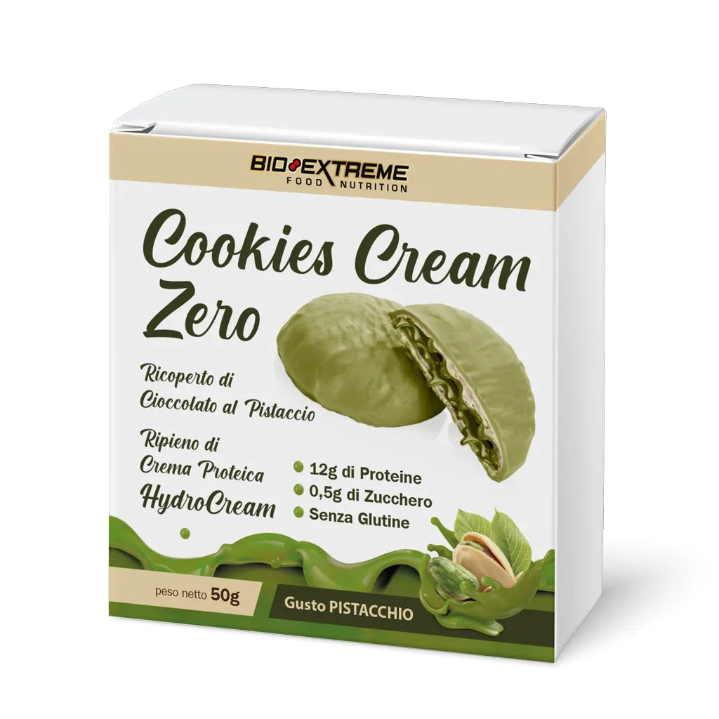 Bio Extreme Cookies Cream Zero 50g Pistacchio Biscotti Proteici Ripieni di Crema con Ridotti Zuccheri Senza Glutine per Snack Bio Extreme