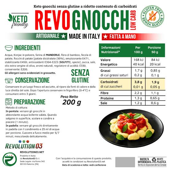 Revolution03 Revo Gnocchi 200g Pasta Low carb Keto per Pranzo o Cena