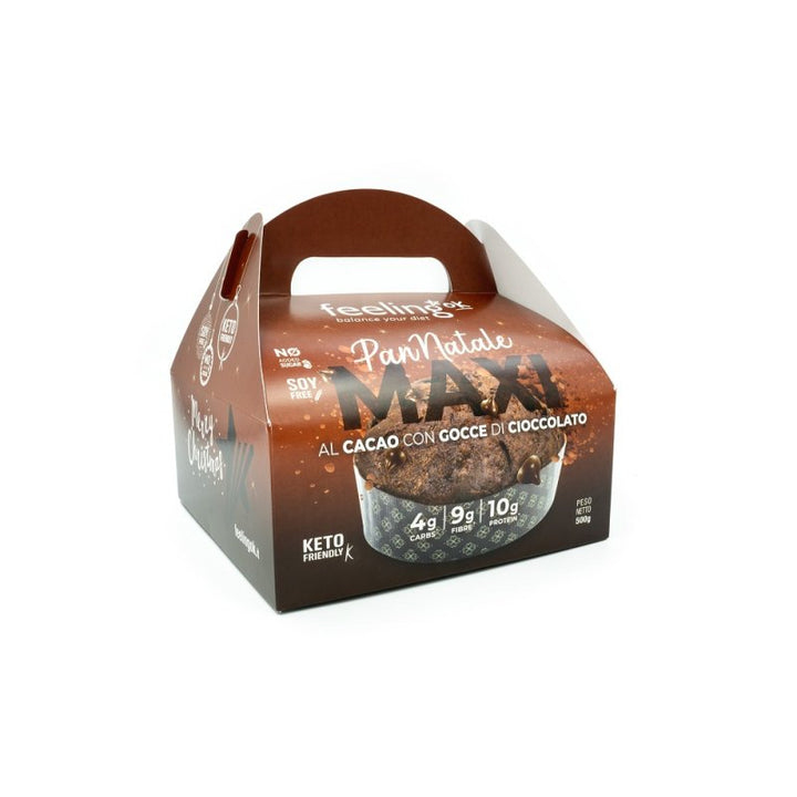 Feeling Ok Pan Natale Maxi 500g Cacao Gocce di Cioccolato Panettone Keto Dolce Proteico Zero