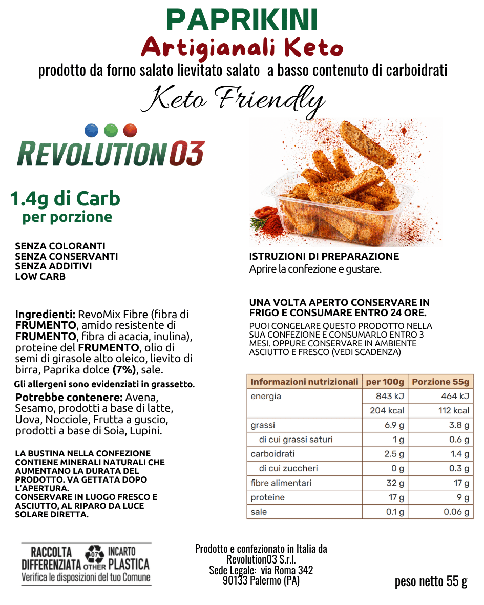 Revolution03 Paprikini Keto 55g Snack Low Carb Proteico per Spuntini, Pranzi o Cene