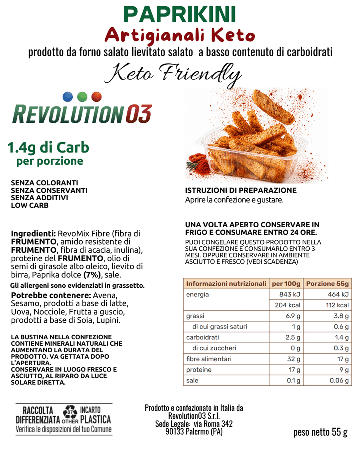 Revolution03 Paprikini Keto 55g Snack Low Carb Proteico per Spuntini, Pranzi o Cene