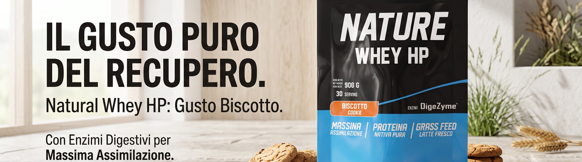Pronutrition Natural Whey HP 908g Biscotto Proteine Isolate con Enzimi DIgestivi per Massa e Recupero - banner