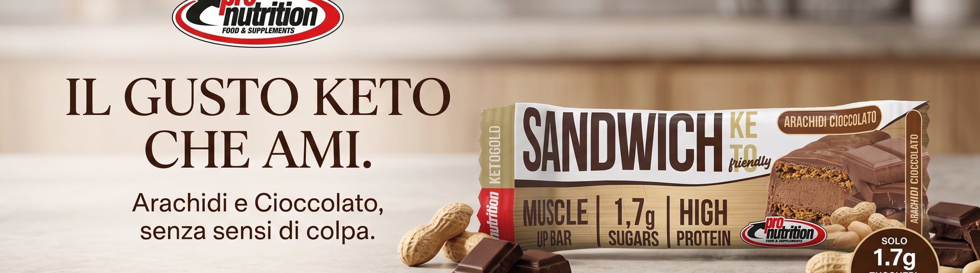 Pronutrition Sandwich Keto 57g Arachidi Cioccolato Biscotto Ripieno Keto per Colazione o Snack - banner