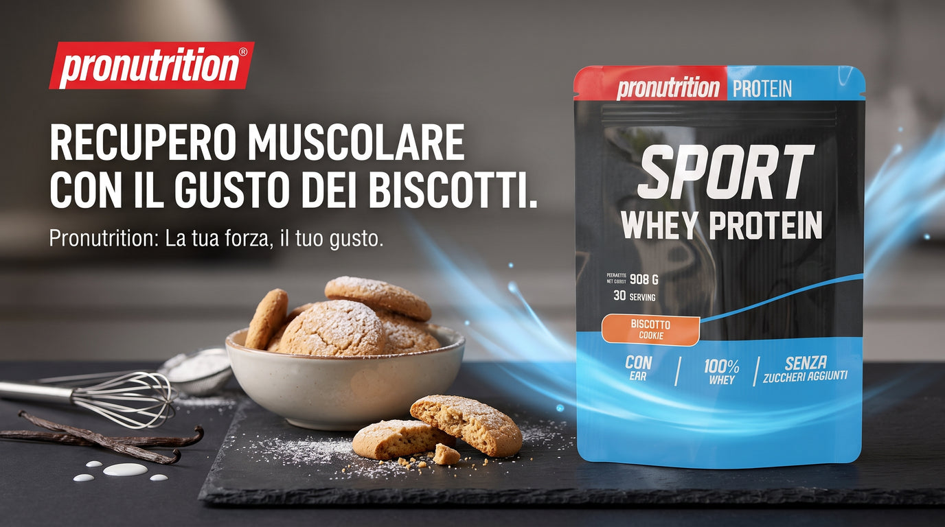 Pronutrition Sport Whey Protein 908g Biscotto Proteine Concentrate per Massa e Recupero - banner