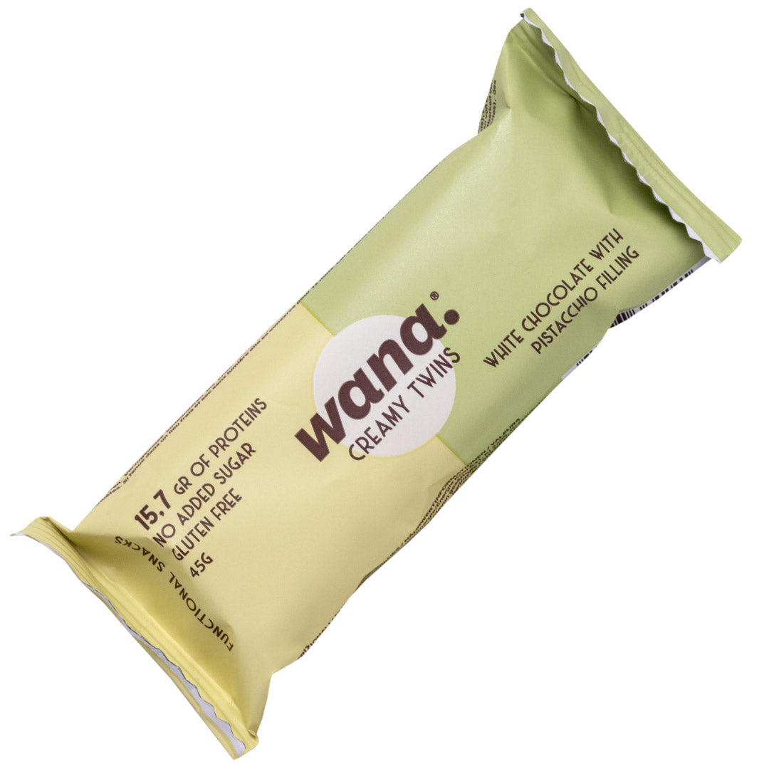 Wana Creamy Twins 45g White Chocolate Pistacchio Cioccolato Bianco Ripieno Cioccolatini Proteici Zero Snack Keto Wana