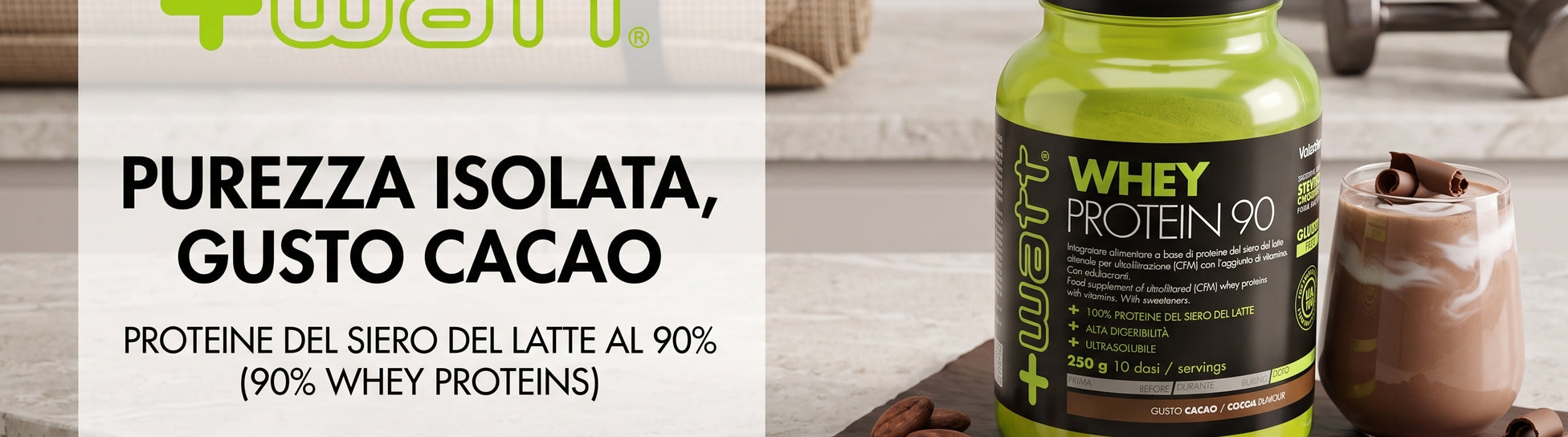 +Watt Whey Protein 90 250g Cacao Cioccolato Proteine Isolate in Polvere - banner