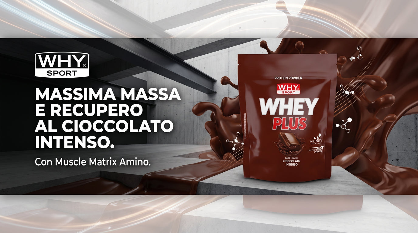 Why Sport Whey Plus 750g Cioccolato Intenso Proteine Concentrate con Muscle Matrix Amino per Massa e Recupero - banner